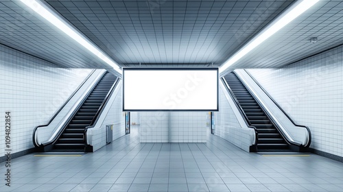 Metro station with white tiles, two staircases, and empty advertising space. The idea of an urban commute photo