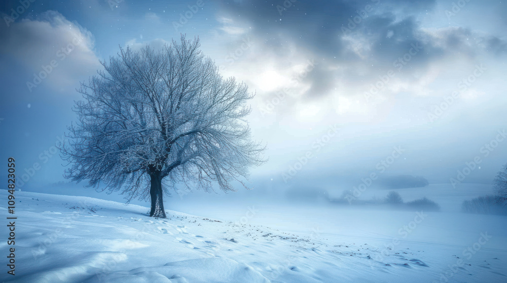 Obraz premium Dense fog settling over a snow-covered field, creating a mysterious, quiet winter landscape