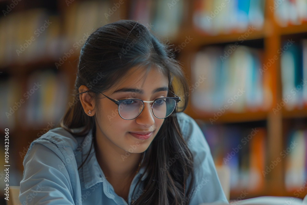 Generative AI Portrait of a Smiling Student in a Library Generative AI Portrait of a Smiling Student in a Library