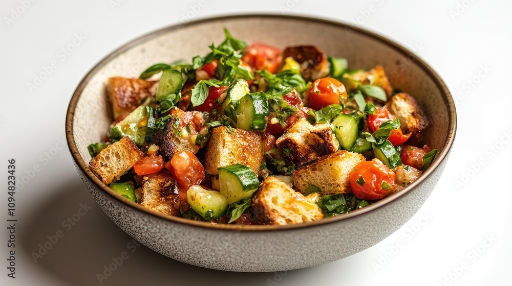A colorful bowl of Italian panzanella salad, filled with chunks of bread, tomatoes, cucumbers, and basil, showcased beautifully on a crisp white background. A colorful bowl of Italian panzanella salad, filled with chunks of bread, tomatoes, cucumbers, and basil, showcased beautifully on a crisp white background.