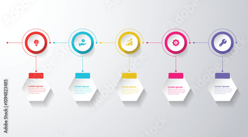 Modern business infographic template design with icons and 5 process steps or options. Can be used for slides, diagram, presentation or web design. Vector illustration
