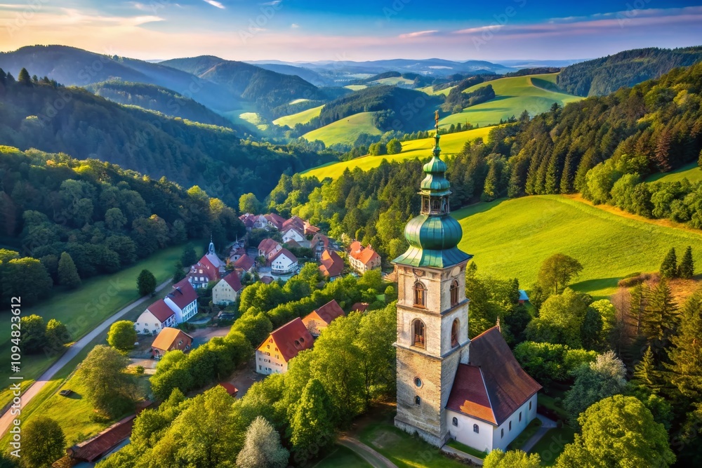 Aerial View of Dzwonnica w Anitach Surrounded by Lush Greenery and Scenic Landscape, Capturing the Beauty of Nature and Historical Architecture in Poland's Idyllic Countryside Aerial View of Dzwonnica w Anitach Surrounded by Lush Greenery and Scenic Landscape, Capturing the Beauty of Nature and Historical Architecture in Poland's Idyllic Countryside