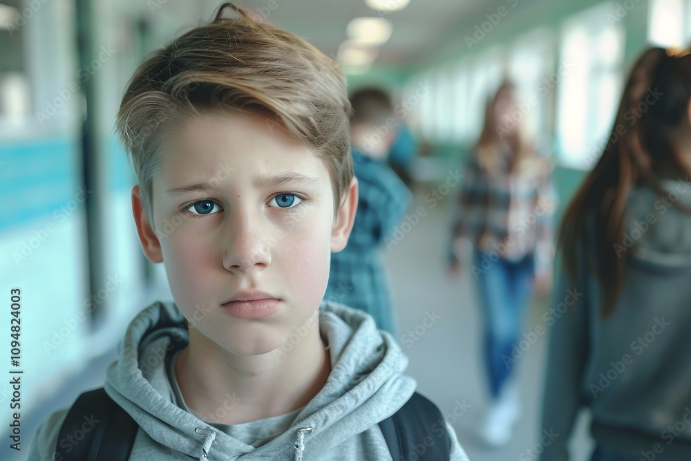 Intense close-up of a young sad frightened boy girl facing bullying at school, surrounded by peers, Generative AI Intense close-up of a young sad frightened boy girl facing bullying at school, surrounded by peers, Generative AI