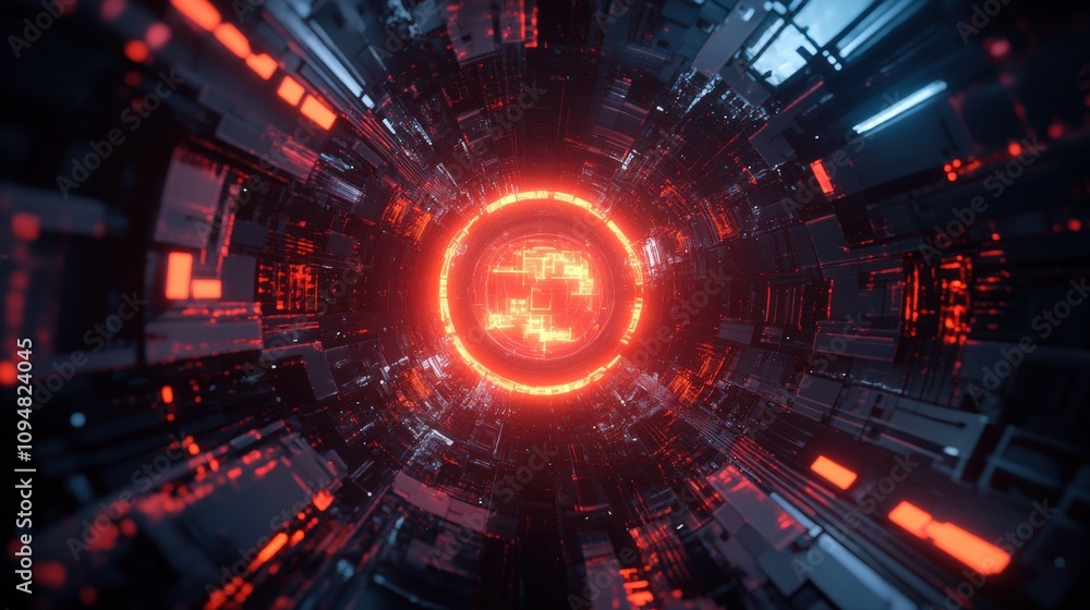 Fototapeta premium Futuristic Red Glowing Tunnel Digital Abstract Art