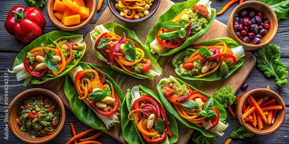 Aerial View of Fresh Lettuce Wraps with Colorful Ingredients Perfectly Arranged for a Deliciously Healthy Meal, Showcasing Vibrant Textures and Colors from Above Aerial View of Fresh Lettuce Wraps with Colorful Ingredients Perfectly Arranged for a Deliciously Healthy Meal, Showcasing Vibrant Textures and Colors from Above