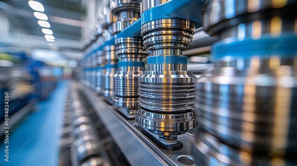 Close-up of a row of industrial machinery with blue and silver components Close-up of a row of industrial machinery with blue and silver components