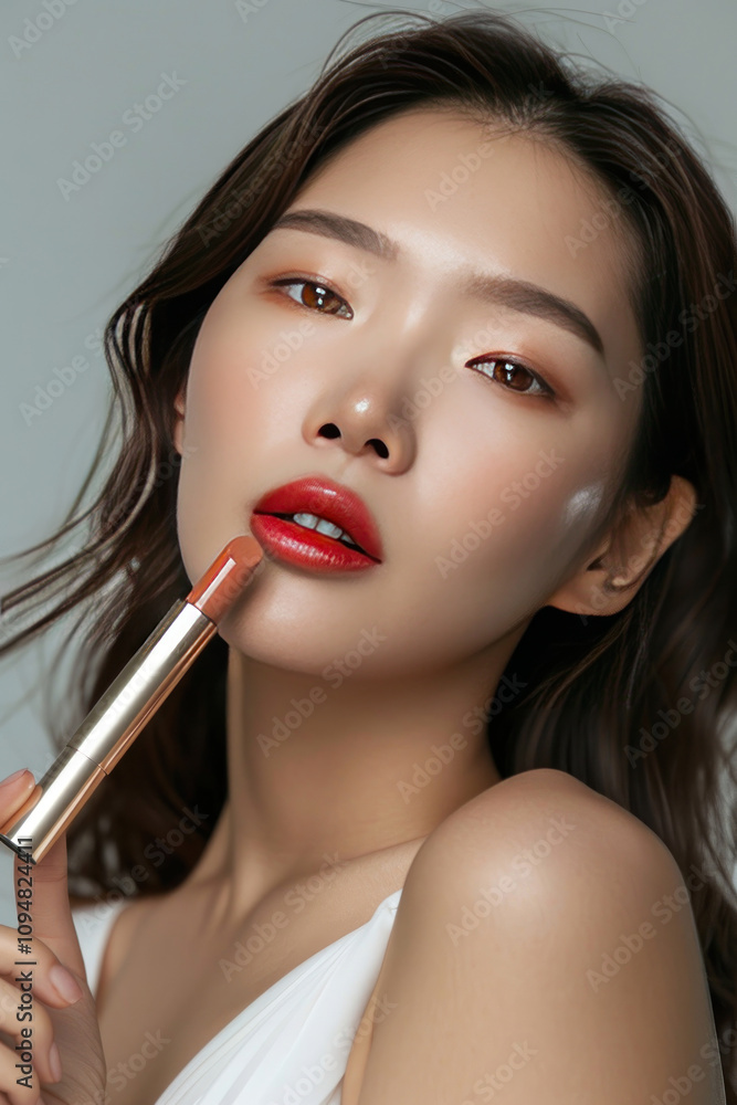 Stunning Korean woman with radiant skin, holding a product mock-up with elegance, soft lighting and a minimal background for a premium cosmetics ad Stunning Korean woman with radiant skin, holding a product mock-up with elegance, soft lighting and a minimal background for a premium cosmetics ad