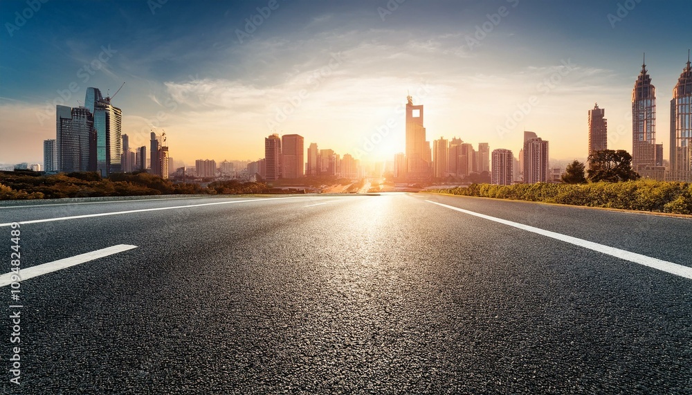city skyline and buildings with empty asphalt road at sunset city skyline and buildings with empty asphalt road at sunset