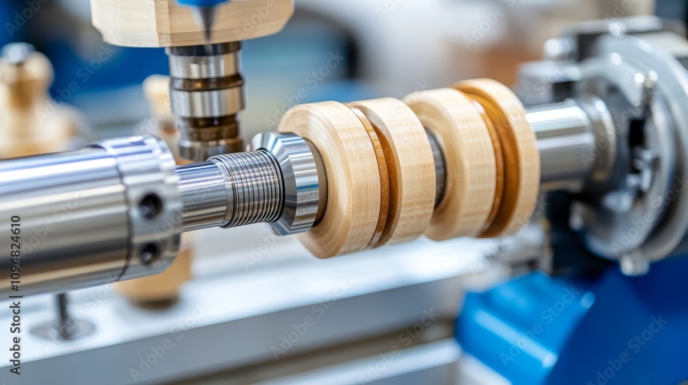 Close-up of a CNC lathe machining wooden rings Close-up of a CNC lathe machining wooden rings