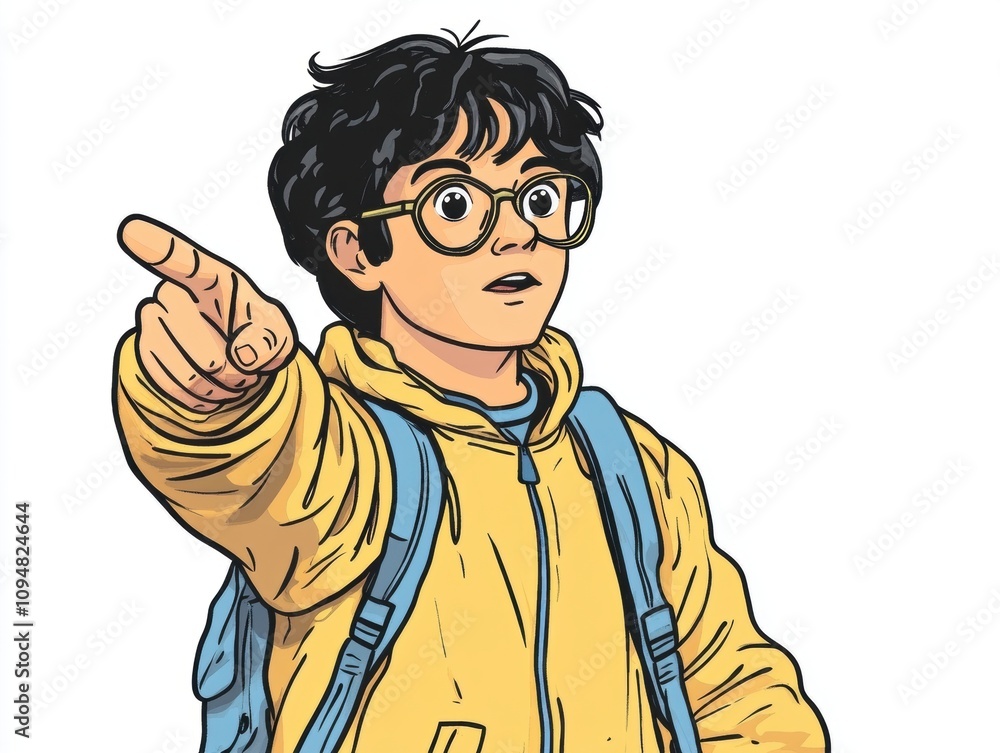 Obraz premium Child in yellow jacket pointing, white isolate background