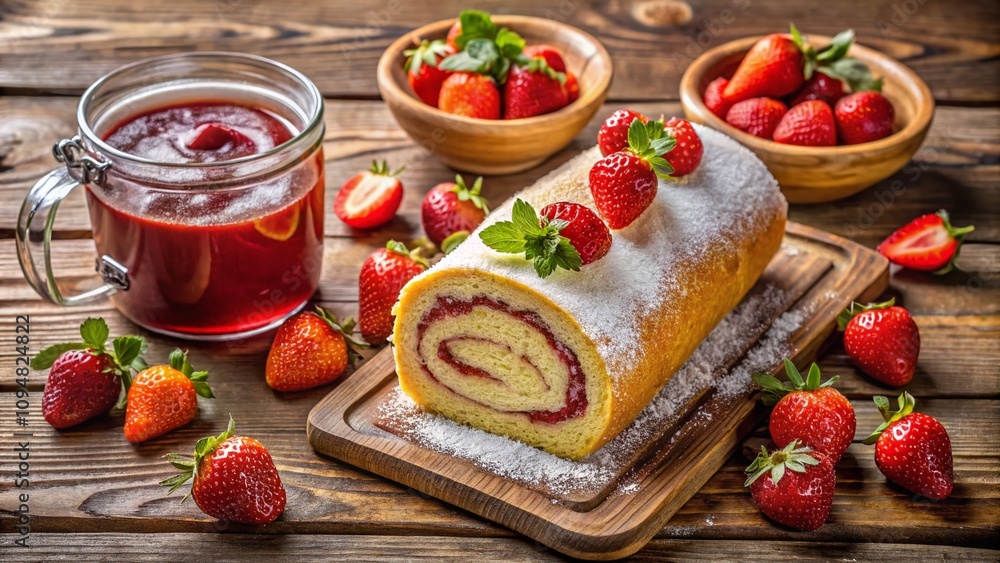 Aerial View of Homemade Strawberry Jam Swiss Roll on a Rustic Wooden Table Surrounded by Fresh Strawberries and Ingredients for a Delicious Dessert Experience Aerial View of Homemade Strawberry Jam Swiss Roll on a Rustic Wooden Table Surrounded by Fresh Strawberries and Ingredients for a Delicious Dessert Experience