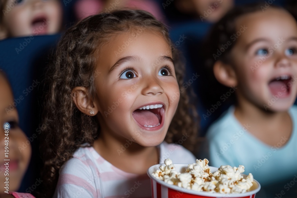 A group of enthusiastic kids watching a movie in a cinema, showcasing their excited smiles and expressions while sharing a joyful experience with plenty of popcorn. A group of enthusiastic kids watching a movie in a cinema, showcasing their excited smiles and expressions while sharing a joyful experience with plenty of popcorn.