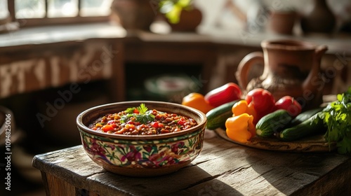 A cozy kitchen scene with a rustic wooden table featuring blanched vegetables elegantly arranged around a bowl of homemade chili dip, emphasizing a home-cooked feel.