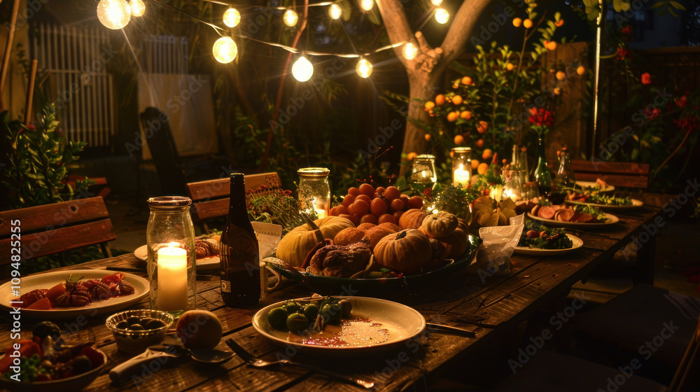 Thanksgiving dinner with an eco-friendly focus, using solar-powered lights, compostable plates, and homegrown veggies, simple yet thoughtful gathering Thanksgiving dinner with an eco-friendly focus, using solar-powered lights, compostable plates, and homegrown veggies, simple yet thoughtful gathering