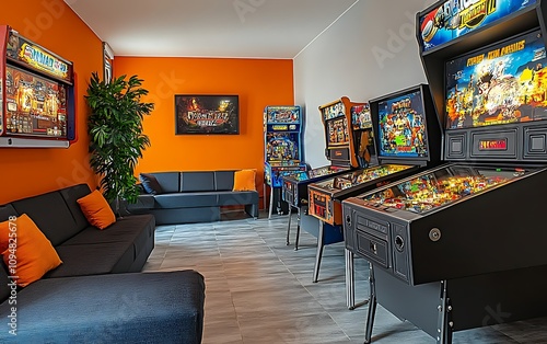 Modern game room with pinball machines and sofa.