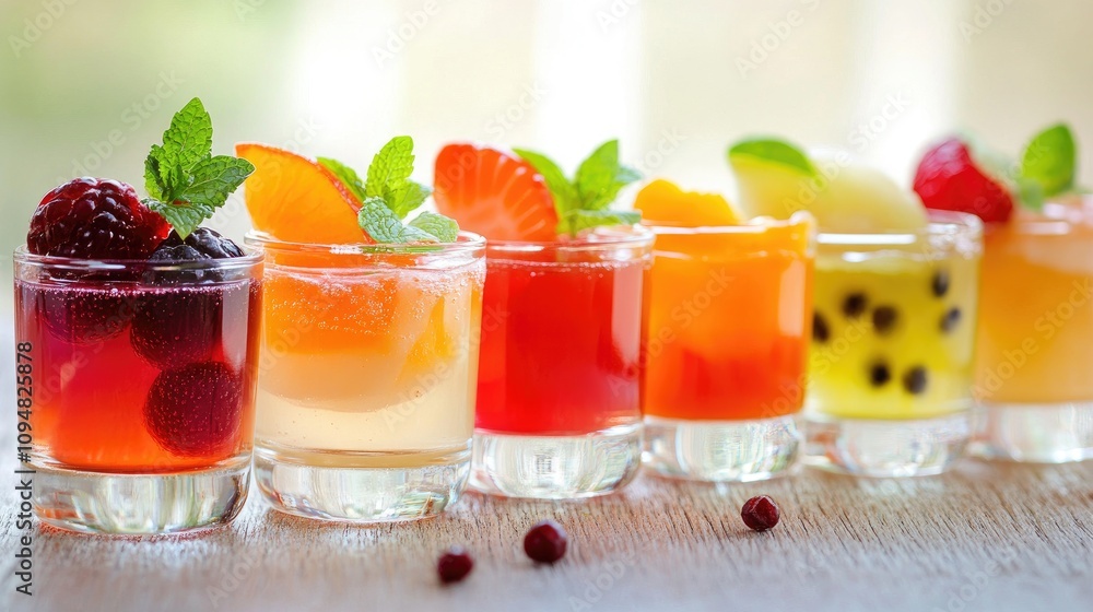 A creative display of assorted jelly desserts in small cups, garnished with fresh fruit slices and mint leaves, perfect for a summer treat. A creative display of assorted jelly desserts in small cups, garnished with fresh fruit slices and mint leaves, perfect for a summer treat.