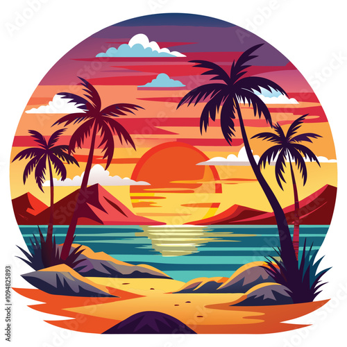 Vibrant tropical sunset with palm trees, vector illustration, ideal for travel posters