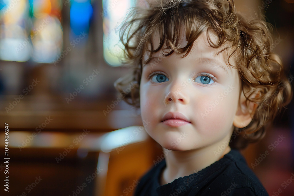 Generative AI Image of a Young Child in Church Attending a Religious Service Generative AI Image of a Young Child in Church Attending a Religious Service