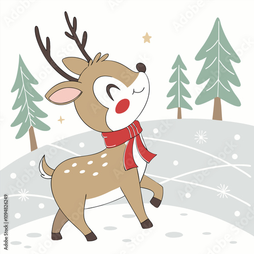 Cheerful cartoon reindeer with a red scarf in snowy forest, holiday illustration, card design