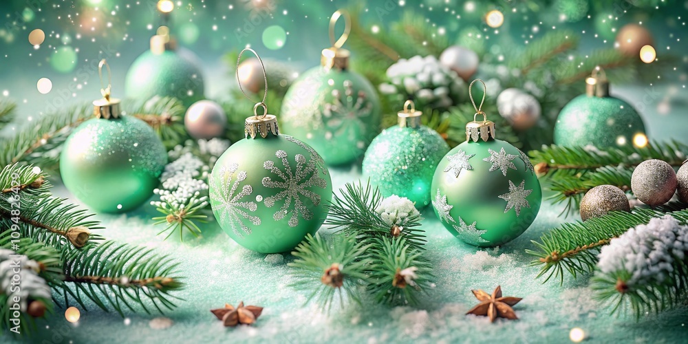 Aerial View of Mint Green Christmas Balls Nestled Amongst Pine Branches, Capturing the Festive Spirit of the Holidays in a Beautiful, Modern Color Palette