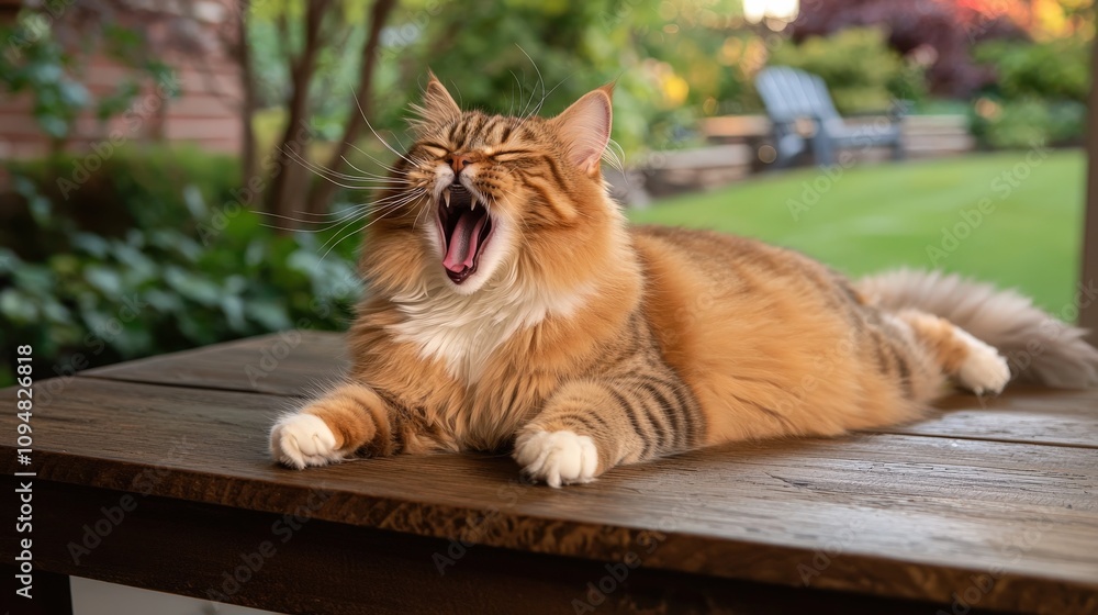 Majestic maine coon cat stretching and yawning in a serene garden setting nature scene outdoor viewpoint Majestic maine coon cat stretching and yawning in a serene garden setting nature scene outdoor viewpoint