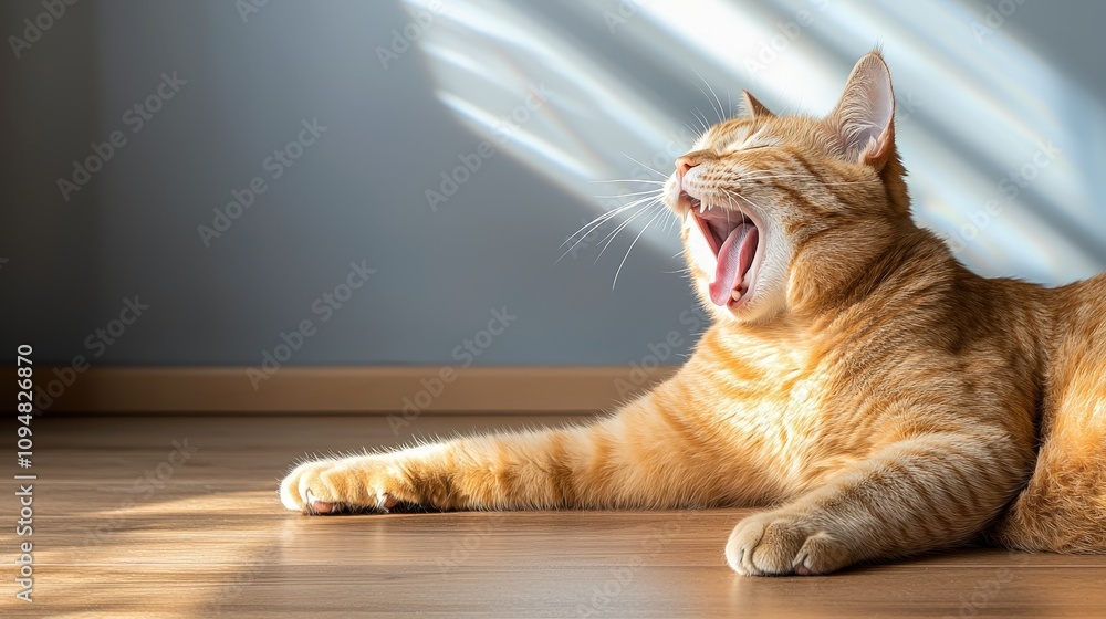 Naklejka premium Yawning ginger cat stretching in sunlight cozy indoor space animal photography relaxed vibe