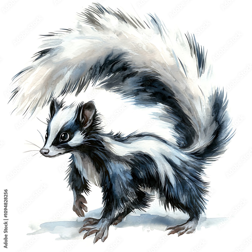 Watercolor Painting of a Striped Skunk with its Bushy Tail Arched. Watercolor Painting of a Striped Skunk with its Bushy Tail Arched.