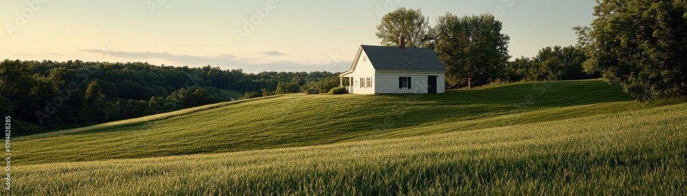 A tranquil landscape featuring a simple, white house on a lush green hillside, surrounded by trees and rolling fields under a clear sky. A tranquil landscape featuring a simple, white house on a lush green hillside, surrounded by trees and rolling fields under a clear sky.