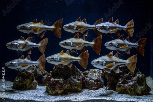 Wild underwater sea with fish, sharks and rays in the ocean. Oceanarium and wildlife , isolated on white background,  , copy space, copy space for text, photo