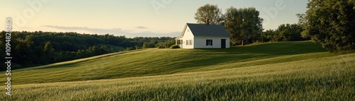 A tranquil landscape featuring a simple, white house on a lush green hillside, surrounded by trees and rolling fields under a clear sky.