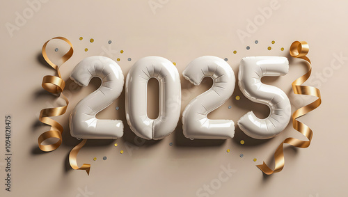 2025 concept with 3d realistic foil balloons. Merry Christmas and Happy New Year 2025 greeting card., banner, background