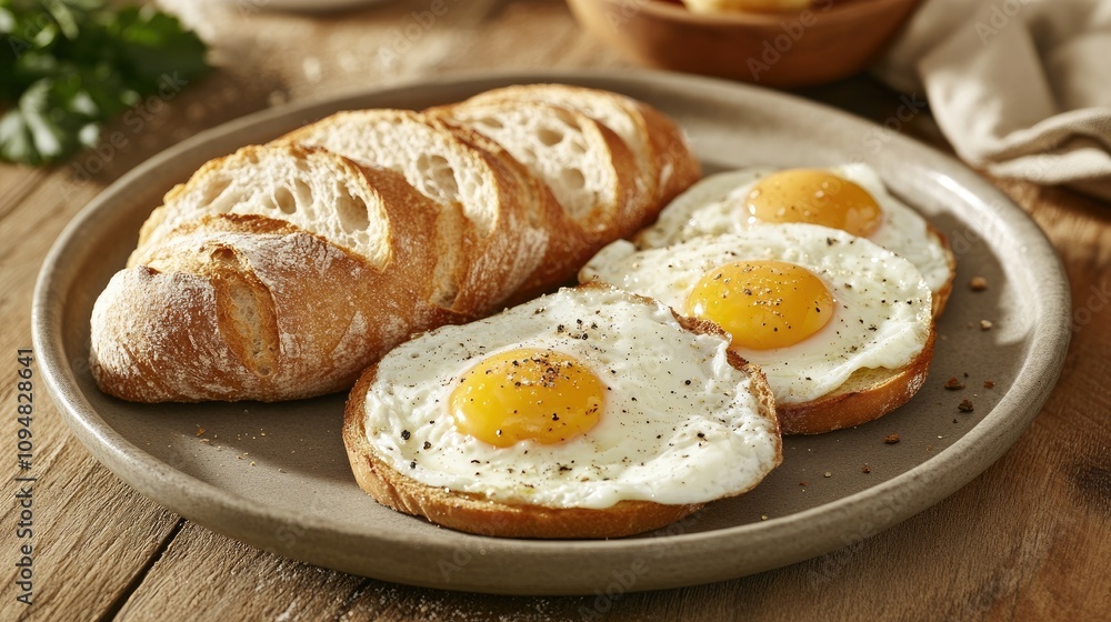 A delicious serving of pan-fried eggs with a side of sliced baguette, elegantly arranged on a rustic plate, evoking a hearty and satisfying meal. A delicious serving of pan-fried eggs with a side of sliced baguette, elegantly arranged on a rustic plate, evoking a hearty and satisfying meal.