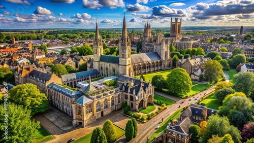 Aerial View of the Magnificent Cathedral Church of St Peter, St Paul and St Andrew in Peterborough, Cambridgeshire, Showcasing Stunning Gothic Architecture and Surroundings