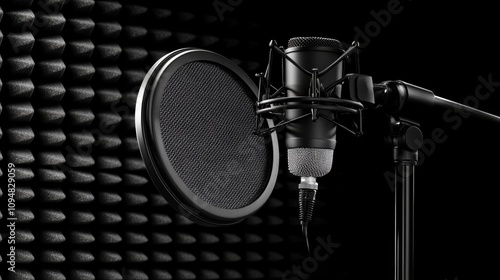 A detailed shot of a professional-grade microphone with its pop filter attached, set against a blurred recording studio backdrop, highlighting sound recording quality