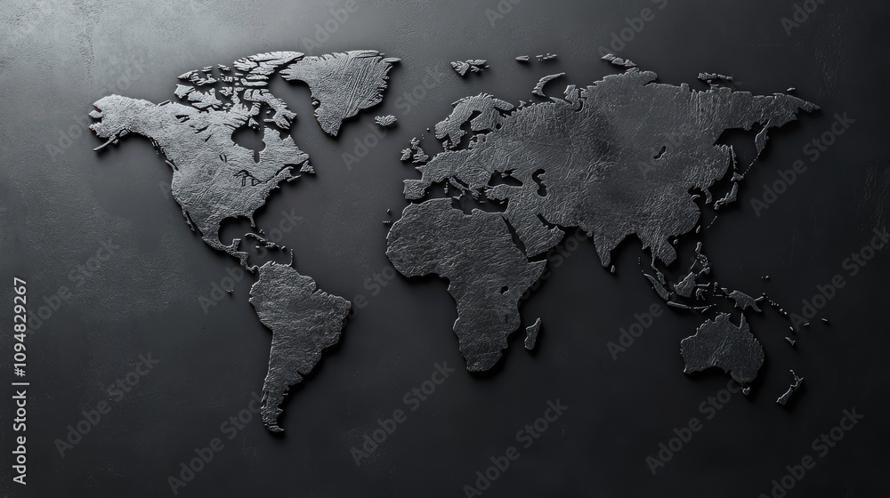 A detailed world map features relief outlines of continents and oceans, set against a dark textured background. The design emphasizes geography and topography. A detailed world map features relief outlines of continents and oceans, set against a dark textured background. The design emphasizes geography and topography.