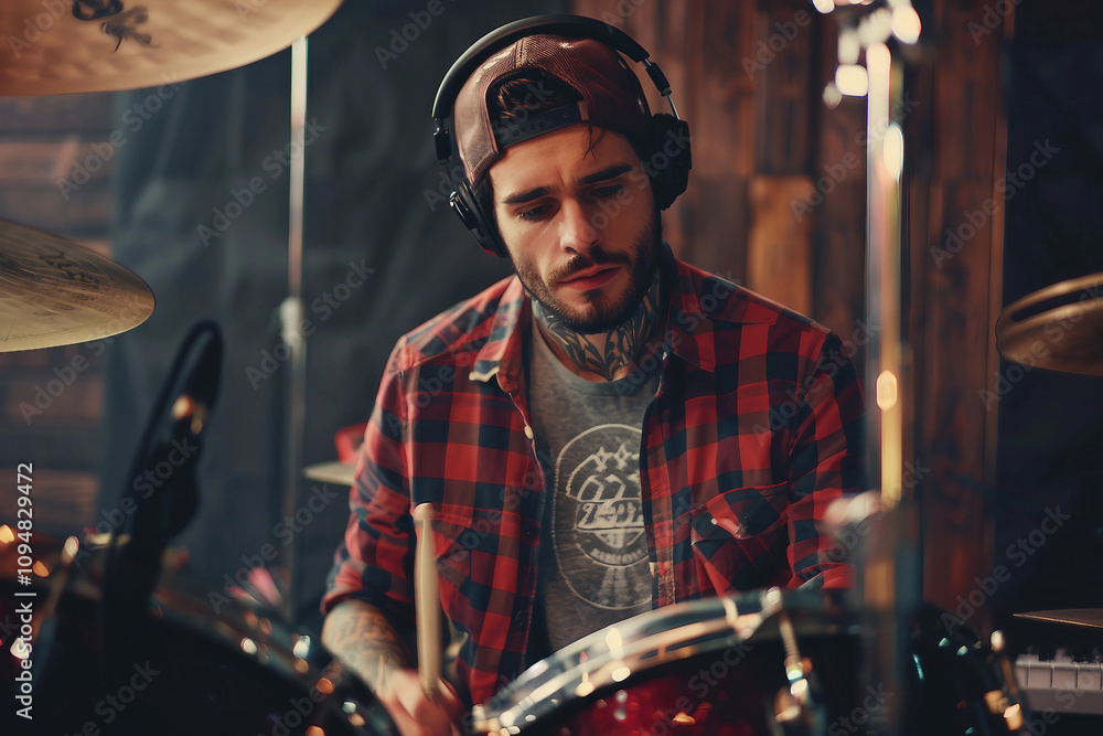 Generative AI Image of a Rock Band Drummer Immersed in Music Performance Generative AI Image of a Rock Band Drummer Immersed in Music Performance