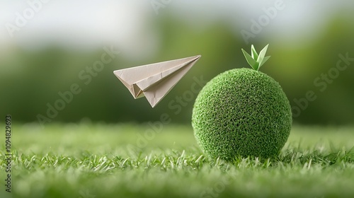 Close up of a paper plane gracefully flying around a green globe emphasizing the concept of clean energy and sustainable transportation solutions for a better future