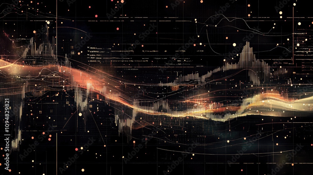 Obraz premium A digital stock graph with annotations, arrows, and trend lines, illustrating market insights and forecasts, set against a dark, tech-inspired background.
