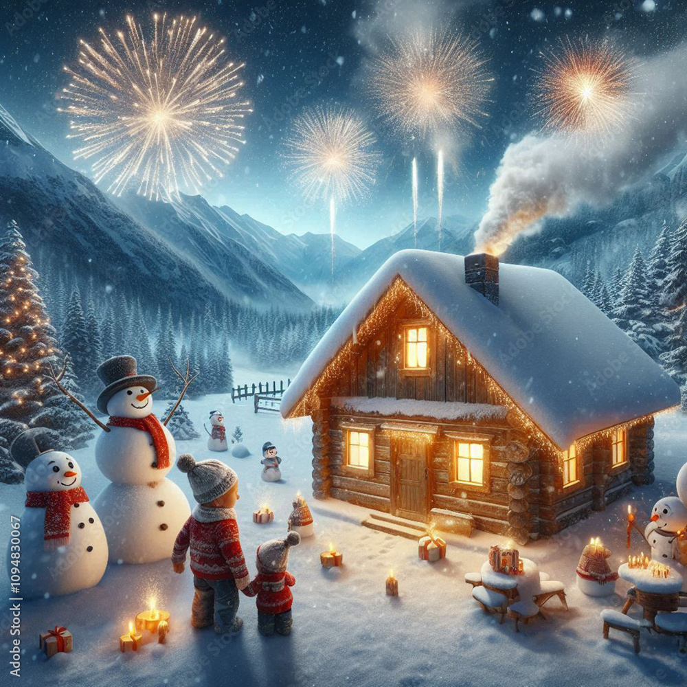 Fototapeta premium snowman and christmas tree