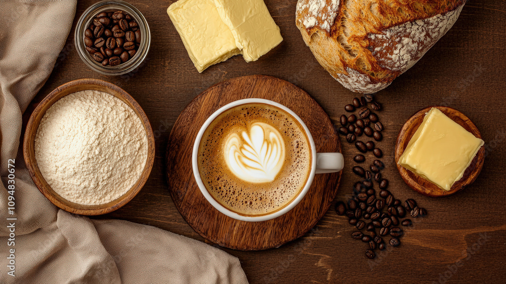A cozy coffee scene featuring a latte art cup, fresh bread, butter, coffee beans, and flour on a rustic wooden table. A cozy coffee scene featuring a latte art cup, fresh bread, butter, coffee beans, and flour on a rustic wooden table.