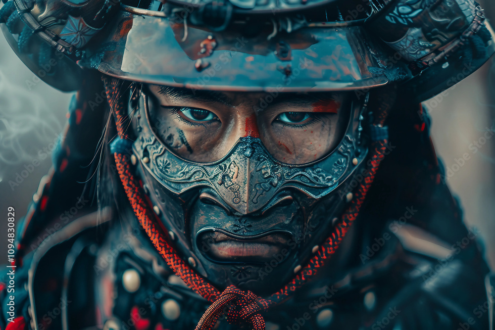 Portrait of a fierce samurai warrior in traditional armor, demonstrating strength ai generative image Portrait of a fierce samurai warrior in traditional armor, demonstrating strength ai generative image