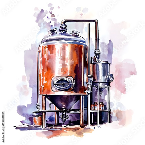 Watercolor Painting of a Copper Brew Kettle and Brewing Equipment in a Craft Brewery. photo