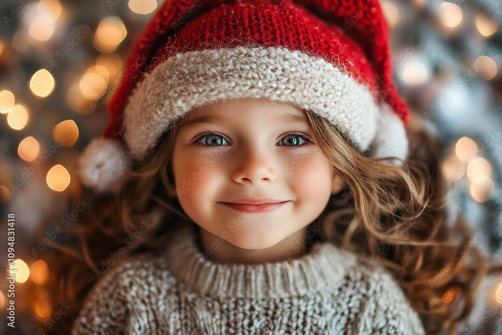 Generative AI image of a smiling girl in a red hat and sweater, celebrating the New Year at school with classmates in festive attire Generative AI image of a smiling girl in a red hat and sweater, celebrating the New Year at school with classmates in festive attire