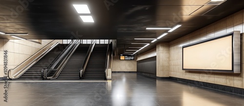 Modern Subway Station Interior with Escalators and Blank Advertisement