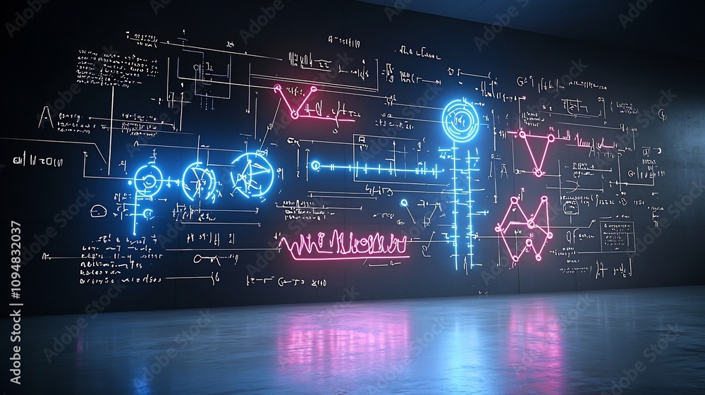 Glowing neon futuristic science and technology backdrop with swirling plasma energy arcs levitating molecules and vibrant blue and pink red physics formulas  Abstract digital with a dynamic