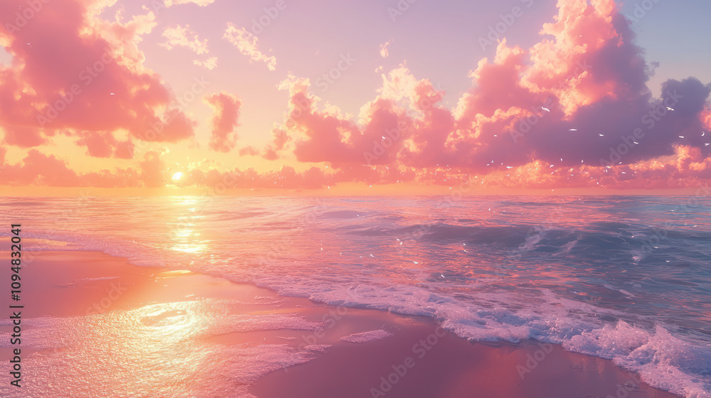 Fototapeta premium Pink Sky, Serene Seascape: A breathtaking view of a serene beach at sunset, where the sky is ablaze with hues of pink and orange. The gentle waves lap at the shore.