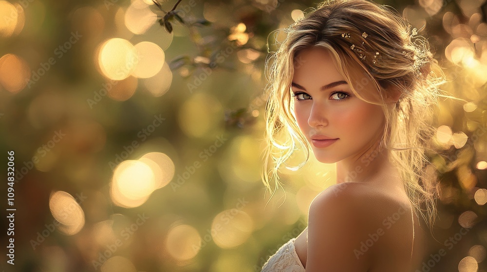 Fototapeta premium A fresh portrait of a woman with luminous skin, looking joyful and carefree, captured in a sunlit outdoor setting, surrounded by soft bokeh effects.