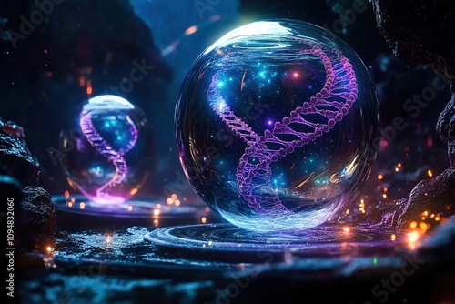 futuristic dna strands encased in glowing glass spheres, set in a mysterious cosmic environment with vibrant purple and blue hues, symbolizing advanced biotechnology and life science innovation