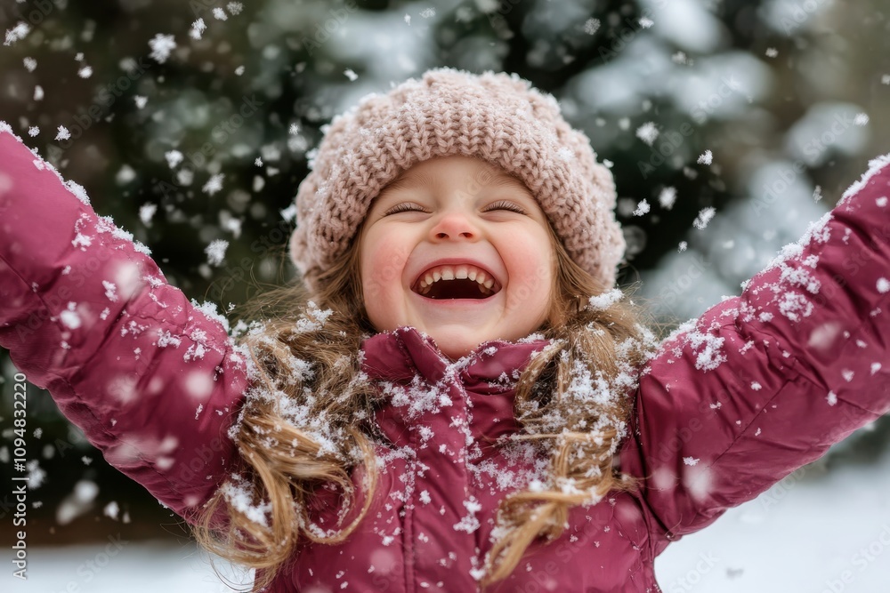 A joyful girl in the snow spreads her arms wide, celebrating the beauty of winter and the magic of falling snowflakes, with a bright smile and excitement. A joyful girl in the snow spreads her arms wide, celebrating the beauty of winter and the magic of falling snowflakes, with a bright smile and excitement.