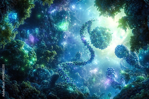 lush molecular landscape with glowing green and blue biostructures, intertwined dna-like formations, and vibrant light particles, creating a surreal and futuristic biological ecosystem photo